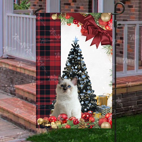 Birman Cat Flag Sitting In Front Of The Christmas Tree