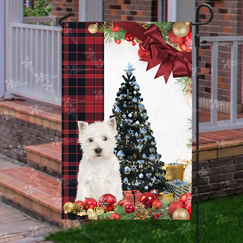 West Higland White Terrier Flag Sitting In Front Of The Christmas Tree