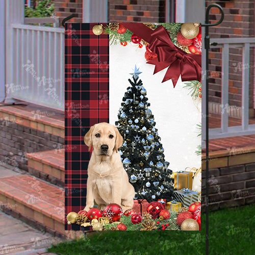 Yellow Labrador Retriever Flag Sitting In Front Of The Christmas Tree