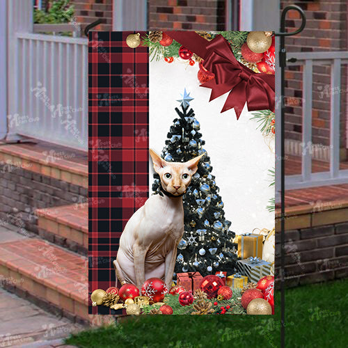 Sphynx Cat Flag Sitting In Front Of The Christmas Tree