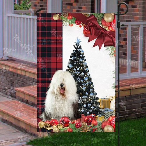 Old English Sheepdog Flag Sitting In Front Of The Christmas Tree