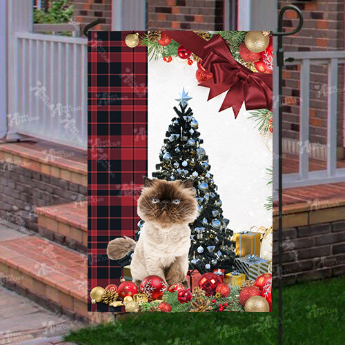 Himalayan Cat Flag Sitting In Front Of The Christmas Tree