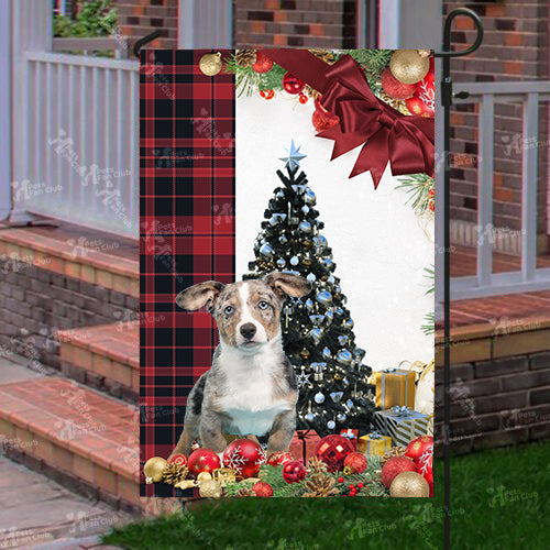 Merle Welsh Corgi Puppy Flag Sitting In Front Of The Christmas Tree