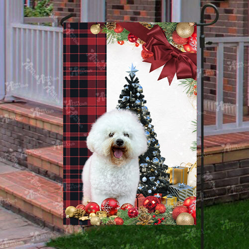 Bichon Frise Flag Sitting In Front Of The Christmas Tree