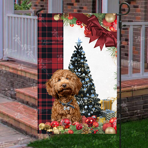 Cockerpoo Flag Sitting In Front Of The Christmas Tree