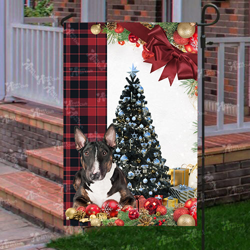 English Bull Terrier Flag Sitting In Front Of The Christmas Tree