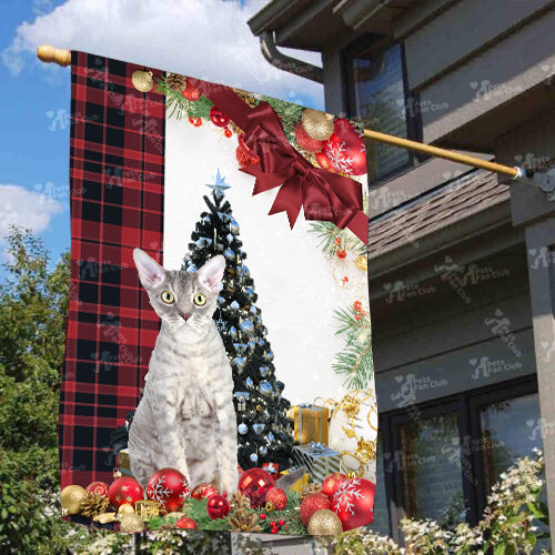 Devon Rex Cat Flag Sitting In Front Of The Christmas Tree