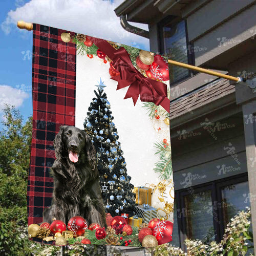 Flat Coat Retriever Flag Sitting In Front Of The Christmas Tree