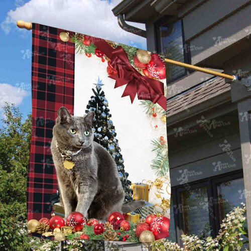 Korat Cat Flag Sitting In Front Of The Christmas Tree