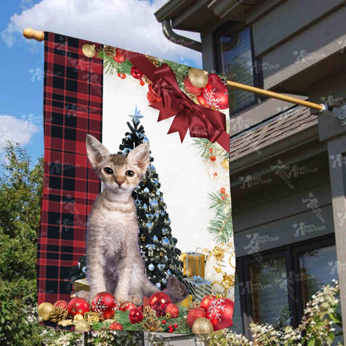 LaPerm Cat Flag Sitting In Front Of The Christmas Tree