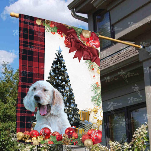 English Setter Flag Sitting In Front Of The Christmas Tree