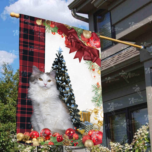 Norwegian Forest Cat Flag Sitting In Front Of The Christmas Tree