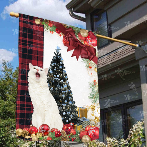 Turkish Angora Cat Flag Sitting In Front Of The Christmas Tree