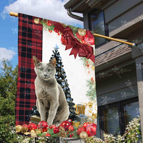 Russian Blue Cat Flag Sitting In Front Of The Christmas Tree