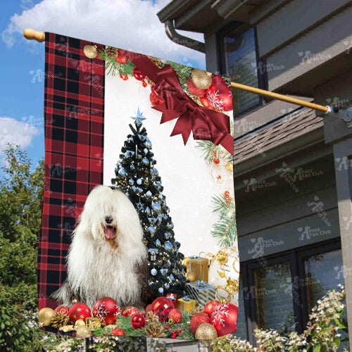 Old English Sheepdog Flag Sitting In Front Of The Christmas Tree