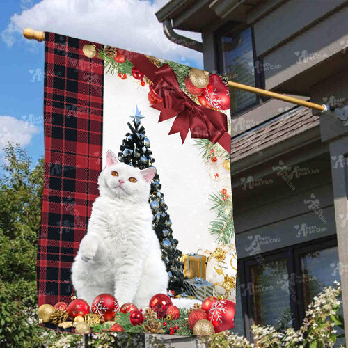 Selkirk Rex Cat Flag Sitting In Front Of The Christmas Tree