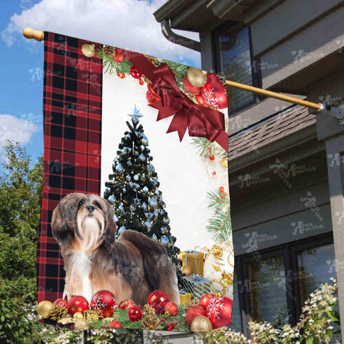 Lhasa Apso Flag Sitting In Front Of The Christmas Tree