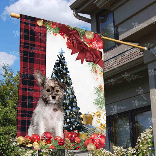 Chorkie Flag Sitting In Front Of The Christmas Tree