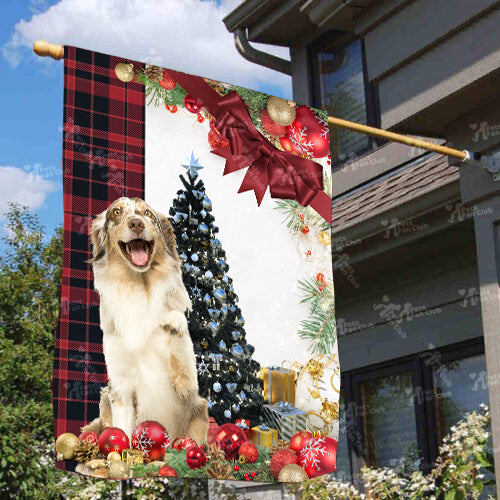 Australian Shepherd Flag Sitting In Front Of The Christmas Tree