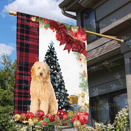 Golden Doodle Flag Sitting In Front Of The Christmas Tree