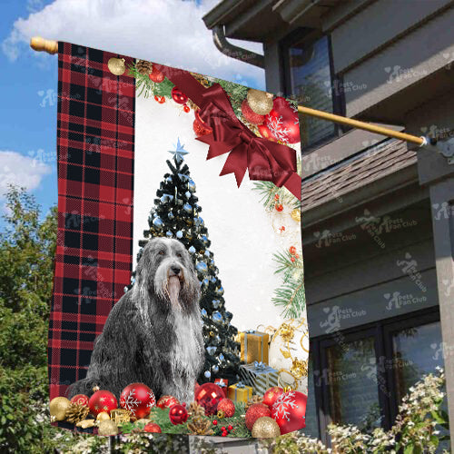 Bearded Collie Flag Sitting In Front Of The Christmas Tree