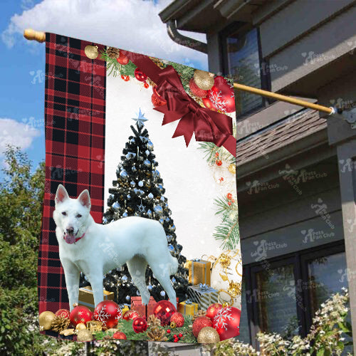 White German Shepherd Flag Sitting In Front Of The Christmas Tree