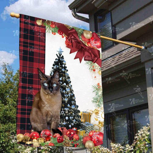 Tonkinese Cat Flag Sitting In Front Of The Christmas Tree