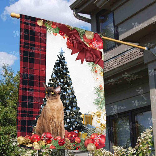 Burmese Cat Flag Sitting In Front Of The Christmas Tree