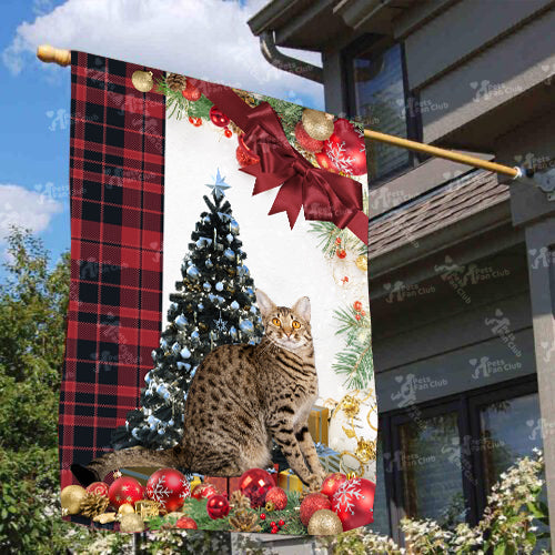 Savannah Cat Flag Sitting In Front Of The Christmas Tree