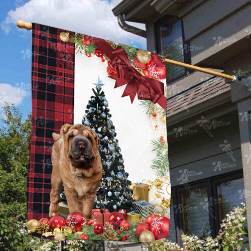 Shar Pei Flag Sitting In Front Of The Christmas Tree