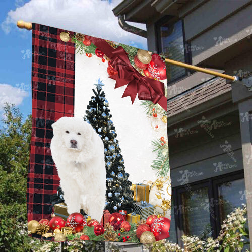 Great Pyrenees Flag Sitting In Front Of The Christmas Tree