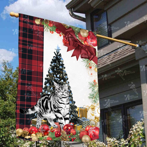 American Shorthair Cat Flag Sitting In Front Of The Christmas Tree