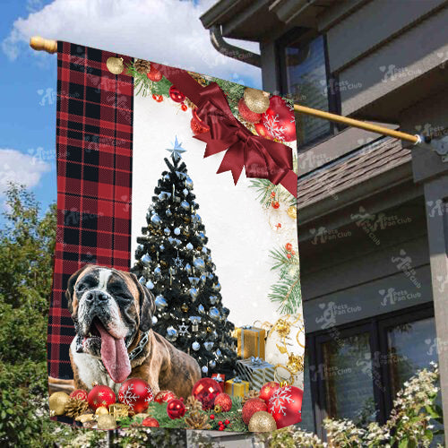 Boxer Dog Flag Sitting In Front Of The Christmas Tree